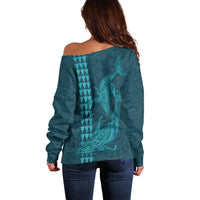 Aloha Hawaii Whale Kakau and Polynesian Tattoo Off Shoulder Sweater Turquoise Color LT03 - Polynesian Pride