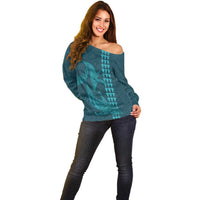Aloha Hawaii Whale Kakau and Polynesian Tattoo Off Shoulder Sweater Turquoise Color LT03 - Polynesian Pride