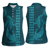 Aloha Hawaii Whale Kakau and Polynesian Tattoo Women Sleeveless Polo Shirt Turquoise Color