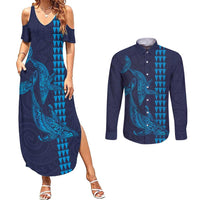 Aloha Hawaii Whale Kakau and Polynesian Tattoo Couples Matching Summer Maxi Dress and Long Sleeve Button Shirt Dark Navy Color