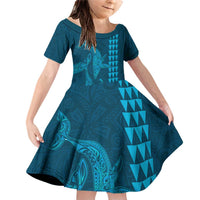 Aloha Hawaii Whale Kakau and Polynesian Tattoo Family Matching Off Shoulder Short Dress and Hawaiian Shirt Light Blue Color LT03 Daughter's Dress Light Blue - Polynesian Pride
