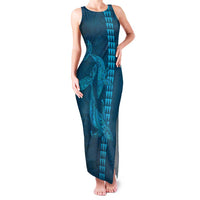 Aloha Hawaii Whale Kakau and Polynesian Tattoo Family Matching Tank Maxi Dress and Hawaiian Shirt Light Blue Color