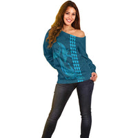 Aloha Hawaii Whale Kakau and Polynesian Tattoo Off Shoulder Sweater Light Blue Color LT03 - Polynesian Pride