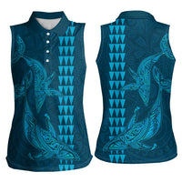Aloha Hawaii Whale Kakau and Polynesian Tattoo Women Sleeveless Polo Shirt Light Blue Color