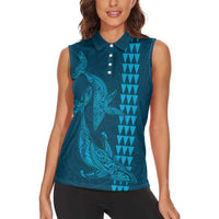 Aloha Hawaii Whale Kakau and Polynesian Tattoo Women Sleeveless Polo Shirt Light Blue Color