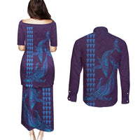 Aloha Hawaii Whale Kakau and Polynesian Tattoo Couples Matching Puletasi and Long Sleeve Button Shirt Purple Color