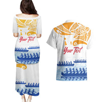Personalised Hawaiki Nui Va'a French Polynesian Pattern Couples Matching Puletasi and Hawaiian Shirt White Color LT03 - Polynesian Pride