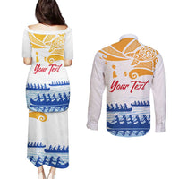 Personalised Hawaiki Nui Va'a French Polynesian Pattern Couples Matching Puletasi and Long Sleeve Button Shirt White Color LT03 - Polynesian Pride