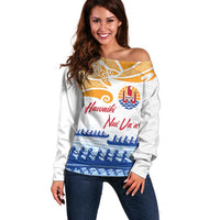 Personalised Hawaiki Nui Va'a French Polynesian Pattern Off Shoulder Sweater White Color LT03 Women White - Polynesian Pride