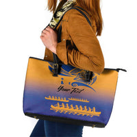 Personalised Hawaiki Nui Va'a French Polynesian Pattern Leather Tote Bag Sunset Color LT03 Yellow - Polynesian Pride