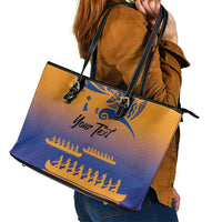 Personalised Hawaiki Nui Va'a French Polynesian Pattern Leather Tote Bag Sunset Color LT03 - Polynesian Pride
