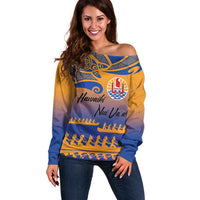 Personalised Hawaiki Nui Va'a French Polynesian Pattern Off Shoulder Sweater Sunset Color LT03 Women Yellow - Polynesian Pride