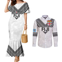 Custom Rugby Fiji Couples Matching Mermaid Dress and Long Sleeve Button Shirt Fijian Masi Tribal Sporty Style White Color - Polynesian Pride