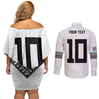 Custom Rugby Fiji Couples Matching Off Shoulder Short Dress and Long Sleeve Button Shirt Fijian Masi Tribal Sporty Style White Color - Polynesian Pride
