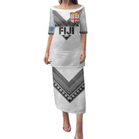 Custom Rugby Fiji Family Matching Puletasi and Hawaiian Shirt Fijian Masi Tribal Sporty Style White Color - Polynesian Pride