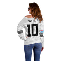 Custom Rugby Fiji Off Shoulder Sweater Fijian Masi Tribal Sporty Style White Color - Polynesian Pride
