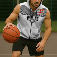 Custom Rugby Fiji Sleeveless Zip Hoodie Fijian Masi Tribal Sporty Style White Color - Polynesian Pride