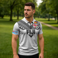 Custom Rugby Fiji Zipper Polo Shirt Fijian Masi Tribal Sporty Style White Color - Polynesian Pride