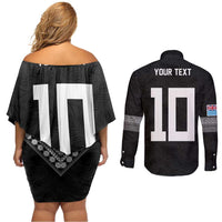 Custom Rugby Fiji Couples Matching Off Shoulder Short Dress and Long Sleeve Button Shirt Fijian Masi Tribal Sporty Style Black Color - Polynesian Pride