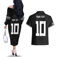 Custom Rugby Fiji Couples Matching Off The Shoulder Long Sleeve Dress and Hawaiian Shirt Fijian Masi Tribal Sporty Style Black Color - Polynesian Pride