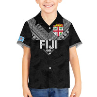 Custom Rugby Fiji Family Matching Off Shoulder Short Dress and Hawaiian Shirt Fijian Masi Tribal Sporty Style Black Color - Polynesian Pride