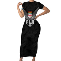 Custom Rugby Fiji Family Matching Short Sleeve Bodycon Dress and Hawaiian Shirt Fijian Masi Tribal Sporty Style Black Color - Polynesian Pride