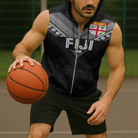 Custom Rugby Fiji Sleeveless Zip Hoodie Fijian Masi Tribal Sporty Style Black Color - Polynesian Pride