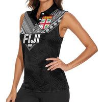 Custom Rugby Fiji Women Sleeveless Polo Shirt Fijian Masi Tribal Sporty Style Black Color - Polynesian Pride