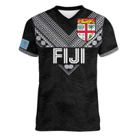 Custom Rugby Fiji Women V-Neck T-Shirt Fijian Masi Tribal Sporty Style Black Color - Polynesian Pride