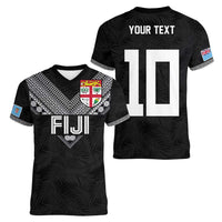 Custom Rugby Fiji Women V-Neck T-Shirt Fijian Masi Tribal Sporty Style Black Color - Polynesian Pride