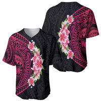 Hawaiian Tropical Plumeria Art Polynesian Tattoo Baseball Jersey Black and Bright Pink Color