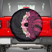 Hawaiian Tropical Plumeria Art Polynesian Tattoo Spare Tire Cover Black and Bright Pink Color
