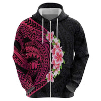 Hawaiian Tropical Plumeria Art Polynesian Tattoo Zip Hoodie Black and Bright Pink Color