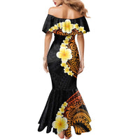 Hawaiian Tropical Plumeria Art Polynesian Tattoo Family Matching Mermaid Dress and Hawaiian Shirt Black and Autumn Color Theme