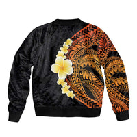Hawaiian Tropical Plumeria Art Polynesian Tattoo Sleeve Zip Bomber Jacket Black and Autumn Color Theme
