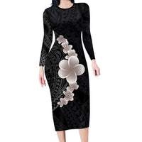 Hawaiian Tropical Plumeria Art Polynesian Tattoo Family Matching Long Sleeve Bodycon Dress and Hawaiian Shirt Grayscale Color