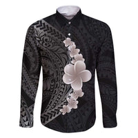 Hawaiian Tropical Plumeria Art Polynesian Tattoo Family Matching Off Shoulder Maxi Dress and Hawaiian Shirt Grayscale Color LT03 Dad's Shirt - Long Sleeve Black - Polynesian Pride