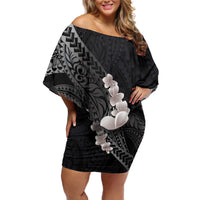 Hawaiian Tropical Plumeria Art Polynesian Tattoo Off Shoulder Short Dress Grayscale Color LT03 Women Black - Polynesian Pride