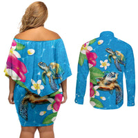 Hawaiian Tropical Flower and Honu Under Blue Water Couples Matching Off Shoulder Short Dress and Long Sleeve Button Shirt LT03 - Polynesian Pride