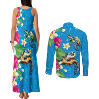 Hawaiian Tropical Flower and Honu Under Blue Water Couples Matching Tank Maxi Dress and Long Sleeve Button Shirt LT03 - Polynesian Pride