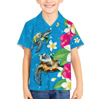 Hawaiian Tropical Flower and Honu Under Blue Water Family Matching Off The Shoulder Long Sleeve Dress and Hawaiian Shirt
