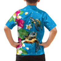 Hawaiian Tropical Flower and Honu Under Blue Water Family Matching Off Shoulder Short Dress and Hawaiian Shirt