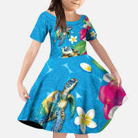 Hawaiian Tropical Flower and Honu Under Blue Water Family Matching Puletasi and Hawaiian Shirt LT03 Daughter's Dress Blue - Polynesian Pride