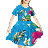 Hawaiian Tropical Flower and Honu Under Blue Water Kid Short Sleeve Dress