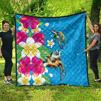 Hawaiian Tropical Flower and Honu Under Blue Water Quilt