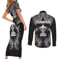 New Zealand Rugby Couples Matching Short Sleeve Bodycon Dress and Long Sleeve Button Shirt Aotearoa Champion Cup History with Silver Fern LT03 - Polynesian Pride