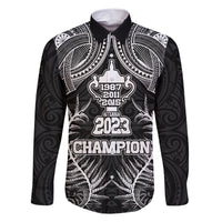 New Zealand Rugby Family Matching Short Sleeve Bodycon Dress and Hawaiian Shirt Aotearoa Champion Cup History with Silver Fern LT03 Dad's Shirt - Long Sleeve Black - Polynesian Pride