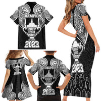 New Zealand Rugby Family Matching Short Sleeve Bodycon Dress and Hawaiian Shirt Aotearoa Champion Cup History with Haka Dance LT03 - Polynesian Pride