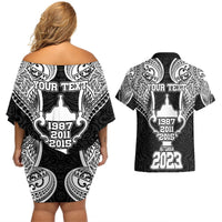 Personalised New Zealand Rugby Couples Matching Off Shoulder Short Dress and Hawaiian Shirt Aotearoa Champion Cup History with Haka Dance LT03 - Polynesian Pride
