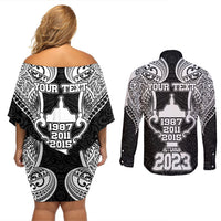Personalised New Zealand Rugby Couples Matching Off Shoulder Short Dress and Long Sleeve Button Shirt Aotearoa Champion Cup History with Haka Dance LT03 - Polynesian Pride